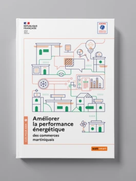 Couvertures des guides sur la performance énergétique illustrant le design d'information et données pour l'Ademe.