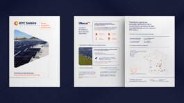 Déclinaison de la charte graphique sur les outils de communication papier et supports techniques d'EPC Solaire. 