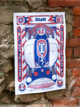 Application de l'identité visuelle sur une affiche de programmation pluridisciplinaire rock et festive. 