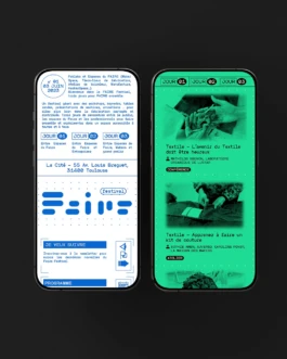 Interface numérique du festival intégrant les polices de caractères et le système modulaire.