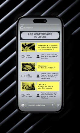 Interface numérique du festival intégrant les polices de caractères et le système modulaire.