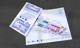 Déclinaison de du système visuel design tiers-lieu sur des supports de communication imprimés et inclusifs Halles de la Cartoucherie 