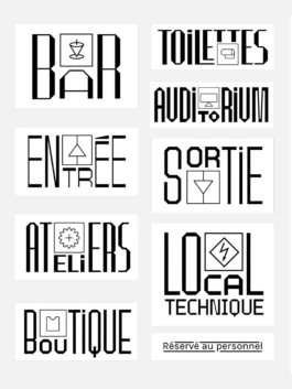 Mise en situation de la signalétique modulaire dans le cadre industriel du cinéma La Forêt Électrique. 