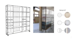 Mobilier roulant et signalétique amovible conçus pour l'espace industriel de La Forêt Électrique. 