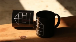 Mug utilisant le système visuel cinéma modulaire avec iconographie technique et couleurs contemporaines. 